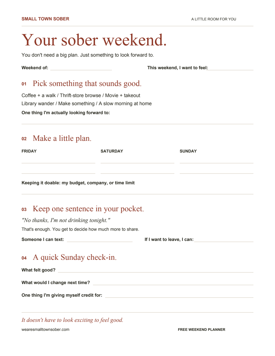 Preview of the Small Town Sober Weekend Planner: activity ideas, Friday through Sunday plans, a boundary-setting phrase, and reflection prompts.